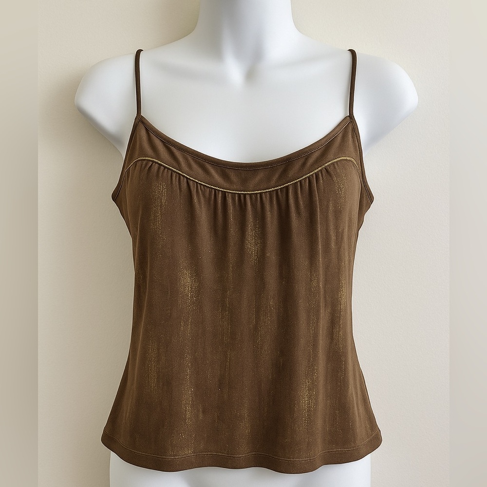 Selfesteem Vintage Camisole Brown & Gold 90s Y2K Sleeveless Ruched Top Size Larg